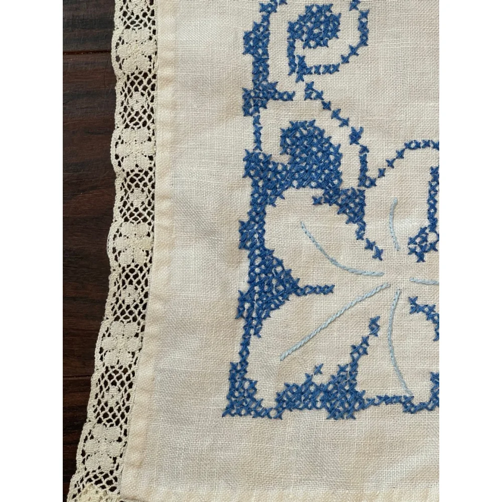 Vintage Linen Table Topper Blue Cross Stitch Floral Lace Trim 34x34 Cottage